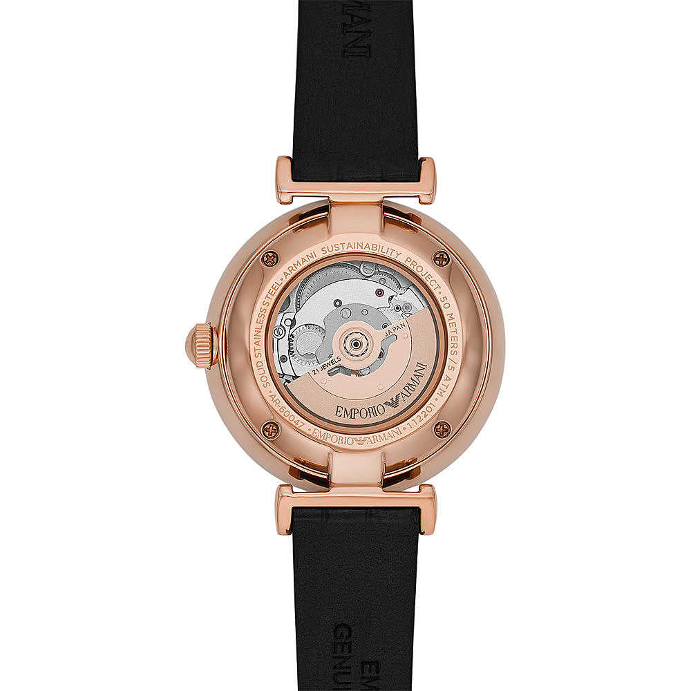 Emporio Armani Meccanico Gianni T Bar Mother of Pearl White Dial Black Leather Strap Watch For Women - AR60047