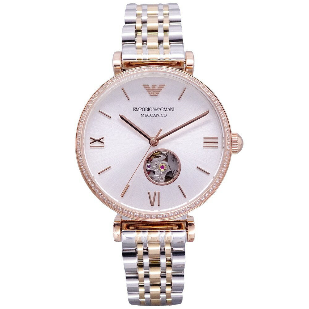 Emporio Armani Meccannico Gianni T-Bar Analog White Dial Two Tone Steel Strap Watch For Women - AR60019