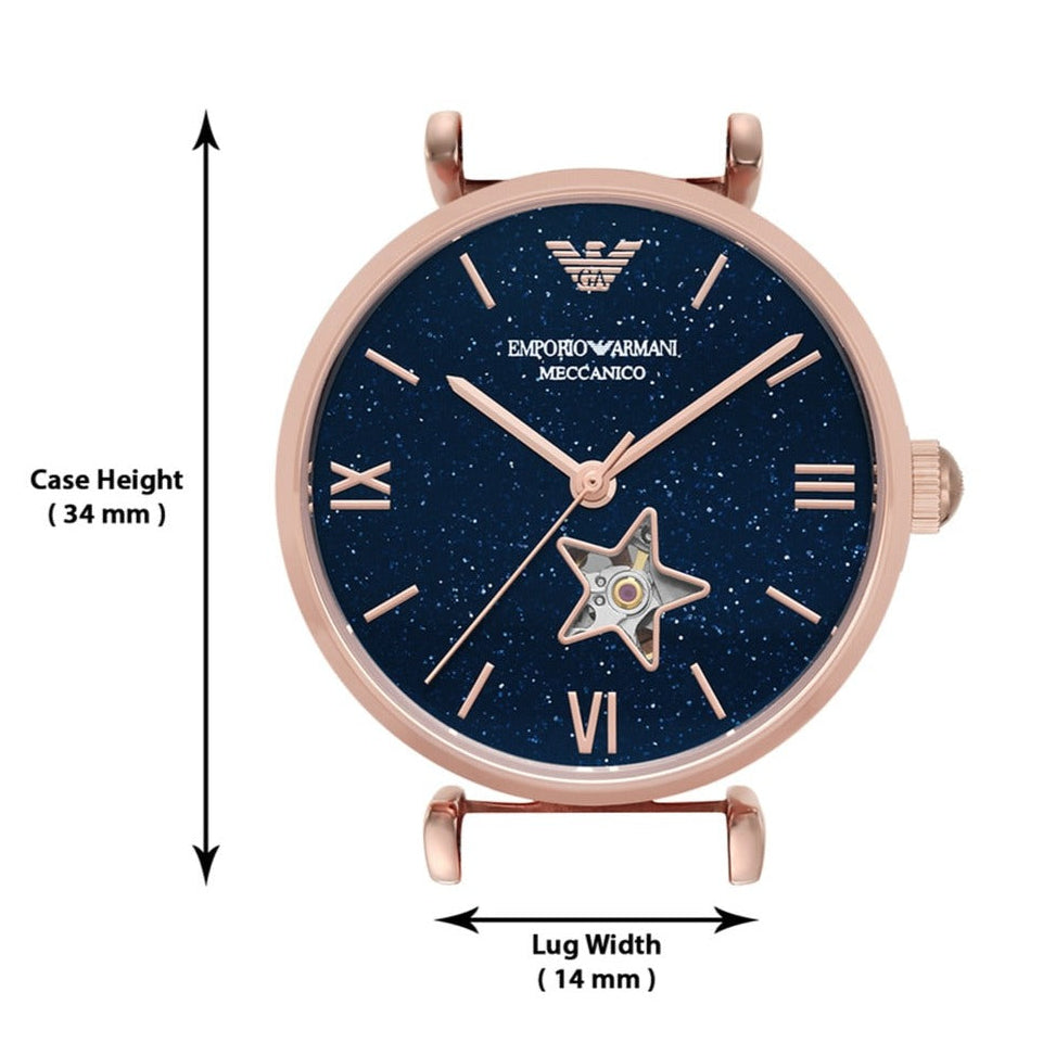 Emporio Armani Meccanico Gianni T Bar Blue Dial Rose Gold Steel Strap Watch For Women - AR60043