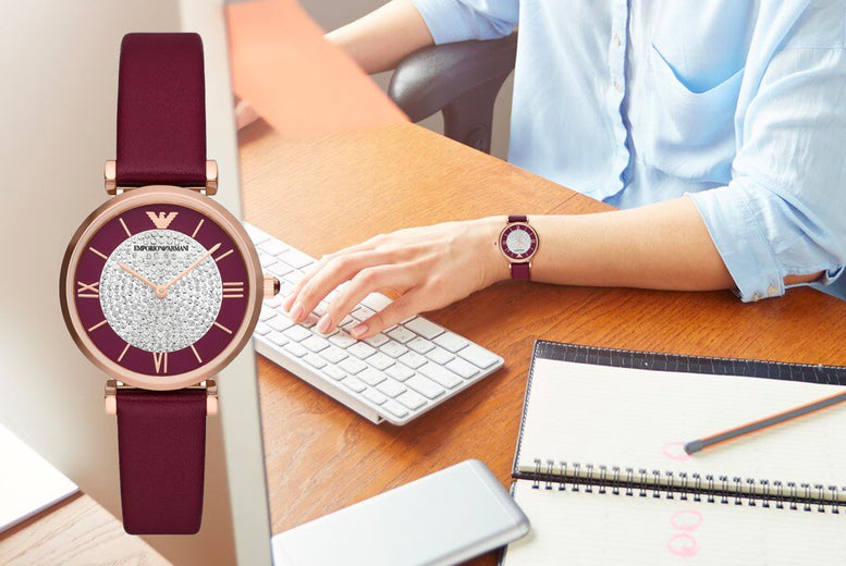 Emporio Armani Gianni T Bar Crystals Purple Dial Purple Leather Strap Watch for Women - AR11487
