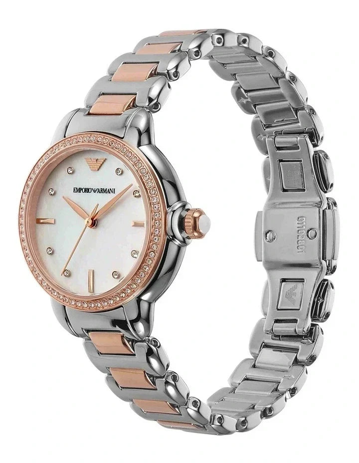 Emporio Armani Three Hand Mother of Pearl Dial Two Tone Steel Strap Watch For Women - AR11569
