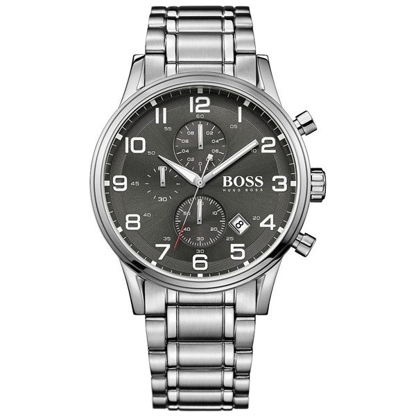 Hugo Boss Aeroliner Chronograph Black Dial Silver Steel Strap Watch for Men - 1513181