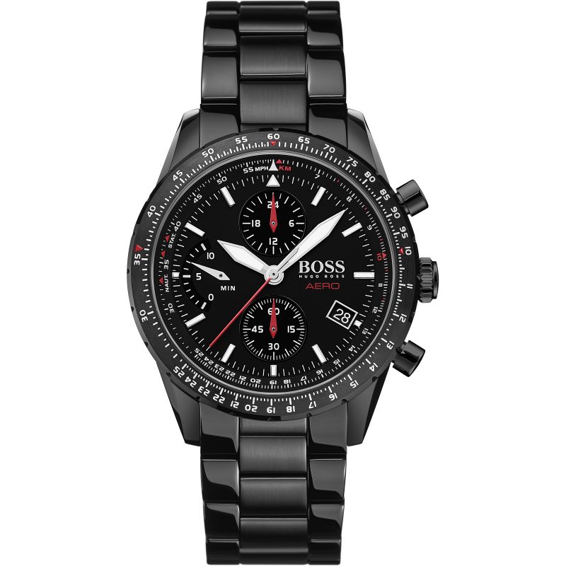 Hugo Boss Aero Chronograph Black Dial Black Steel Strap Watch for Men - 1513771