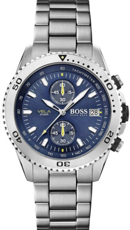 Hugo Boss Vela Diver Chronograph Blue Dial Silver Steel Strap Watch for Men - 1513775