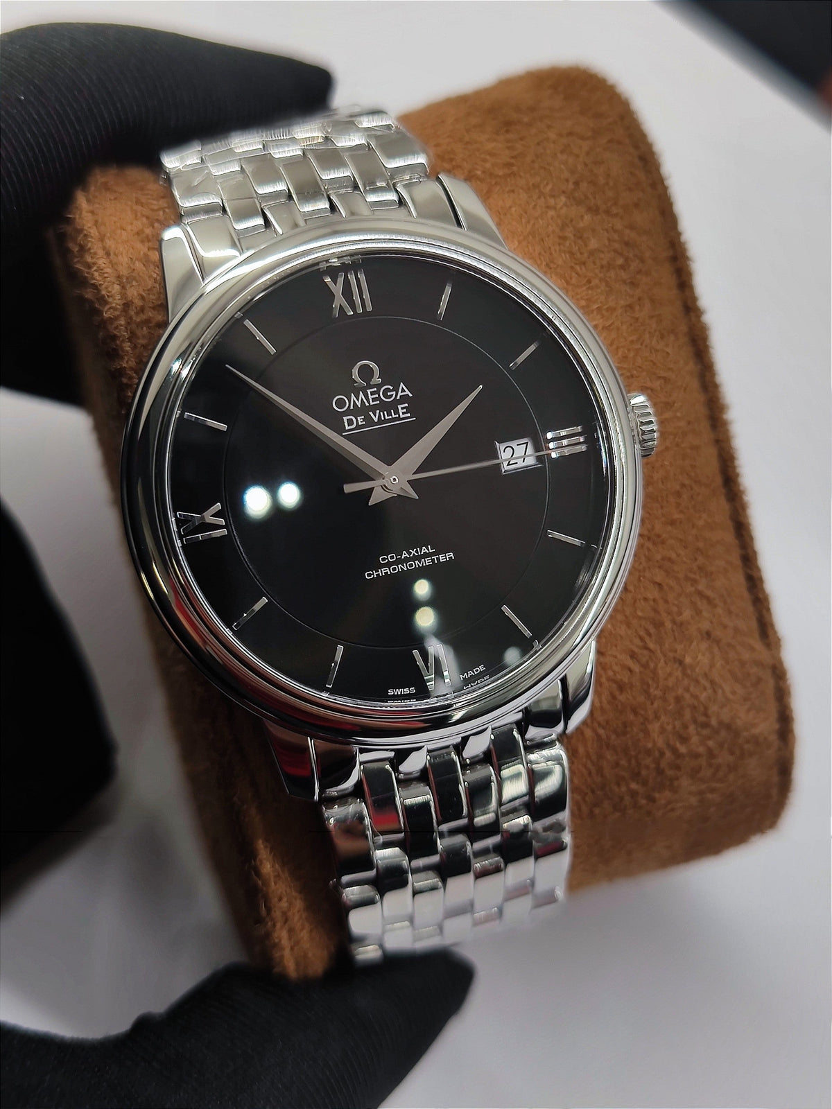 Omega De Ville Prestige Co-Axial Black Dial Silver Steel Strap Watch for Men - 424.10.40.20.01.001