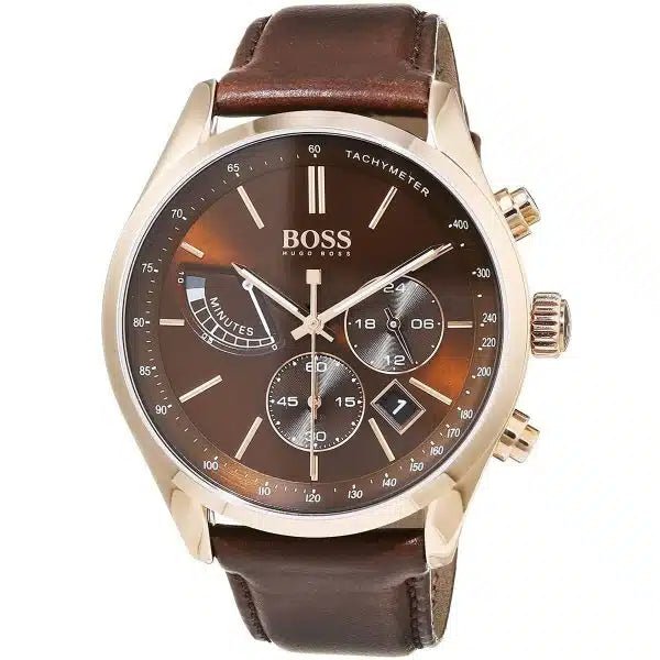 Hugo Boss Grand Prix Chronograph Brown Dial Brown Leather Strap Watch for Men - 1513605