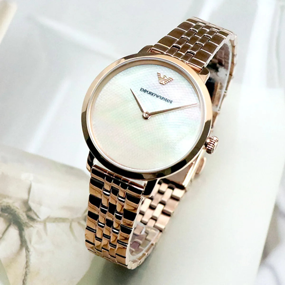 Emporio Armani Modern Mother of Pearl White Dial Rose Gold Steel Strap Watch for Women - AR11158