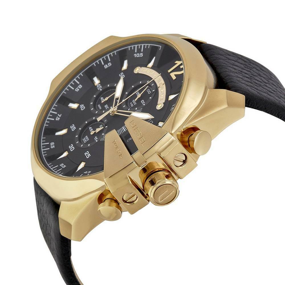 Diesel Mega Chief Chronograph Black Dial Black Leather Strap Watch For Men - DZ4344