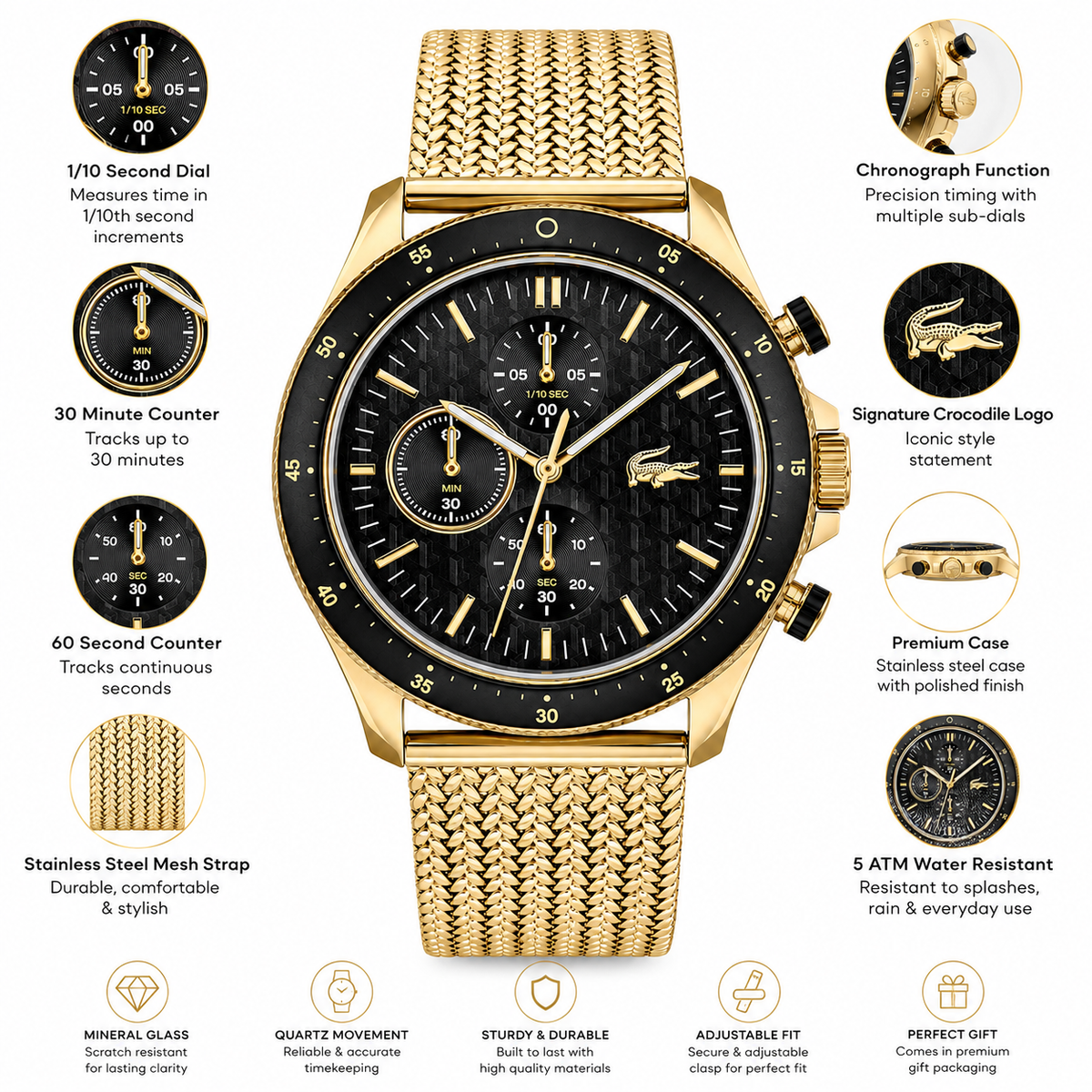 Lacoste Neoheritage Chronograph Black Dial Gold Mesh Strap Watch for Men - 2011254