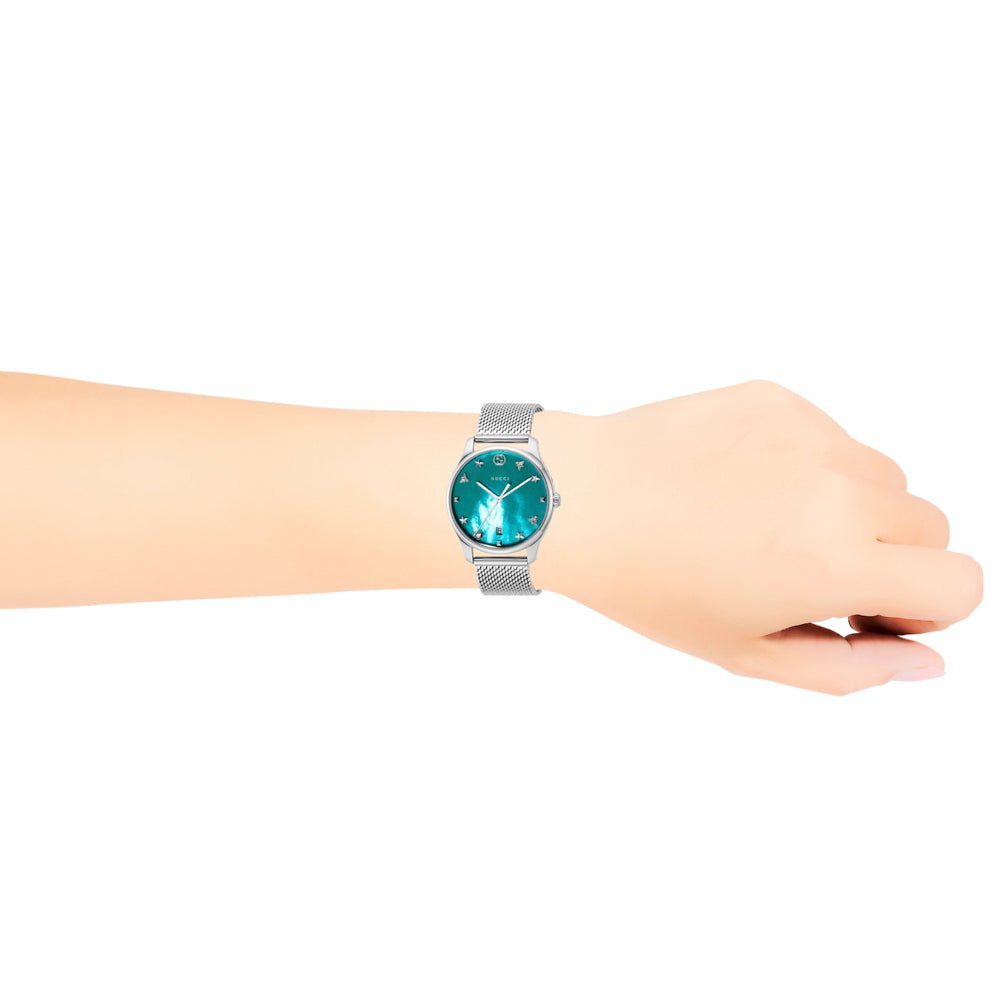 Gucci G-Timeless Turquoise Mother of Pearl Dial Silver Mesh Bracelet Watch For Women - YA126582