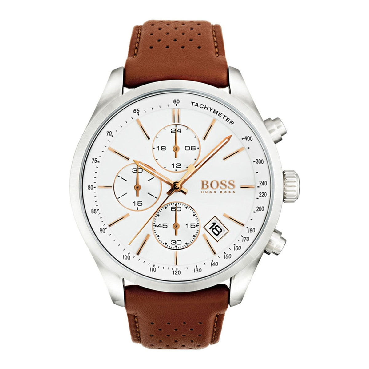 Hugo Boss Grand Prix Chronograph White Dial Brown Leather Strap Watch for Men - 1513475