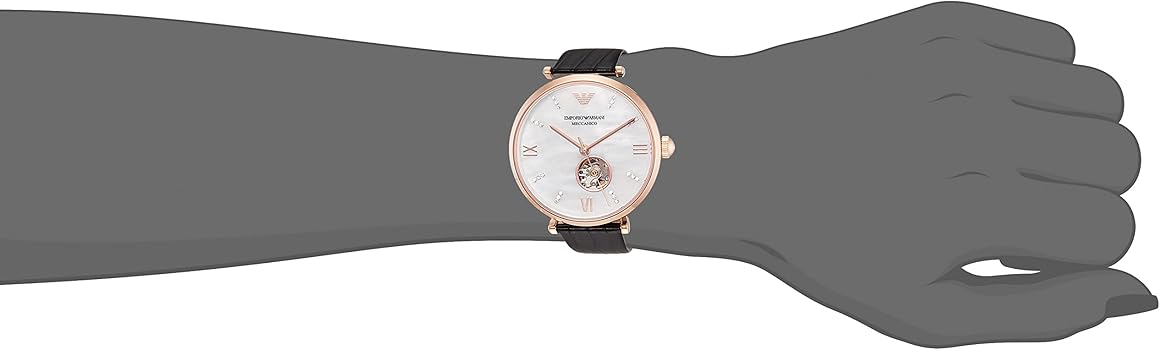 Emporio Armani Meccanico Gianni T Bar Mother of Pearl White Dial Black Leather Strap Watch For Women - AR60047