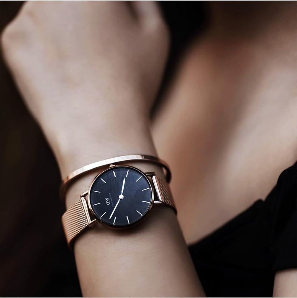Daniel Wellington Classic Petite Melrose Black Dial Rose Gold Mesh Bracelet Watch For Women - DW00100217