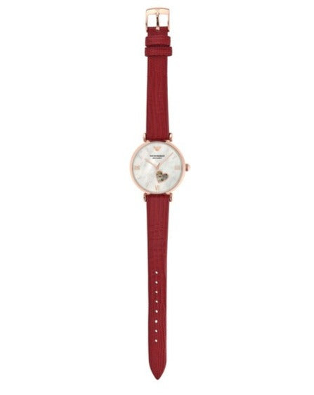 Emporio Armani Meccanico Gianni T-Bar Mother of Pearl White Dial Red Leather Strap Watch For Women - AR60048