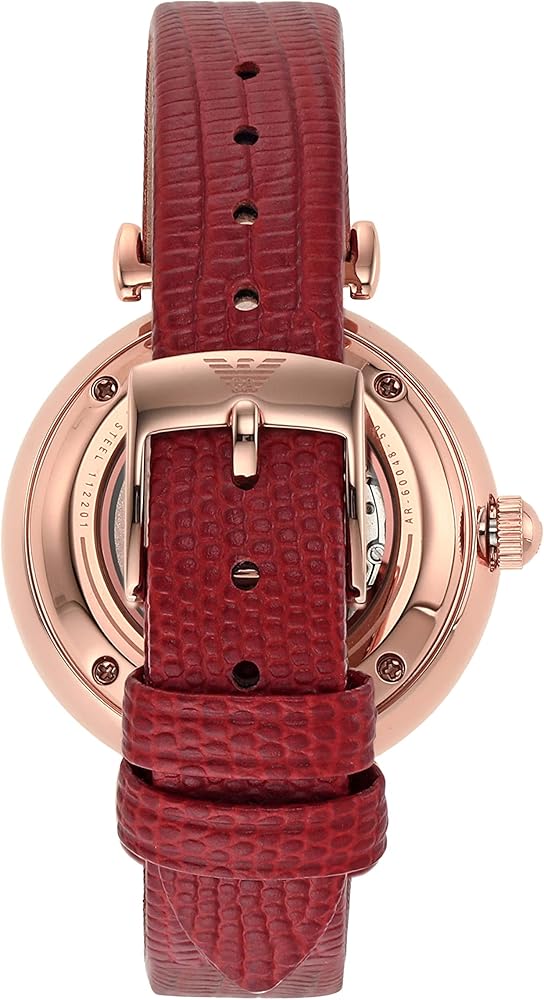 Emporio Armani Meccanico Gianni T-Bar Mother of Pearl White Dial Red Leather Strap Watch For Women - AR60048