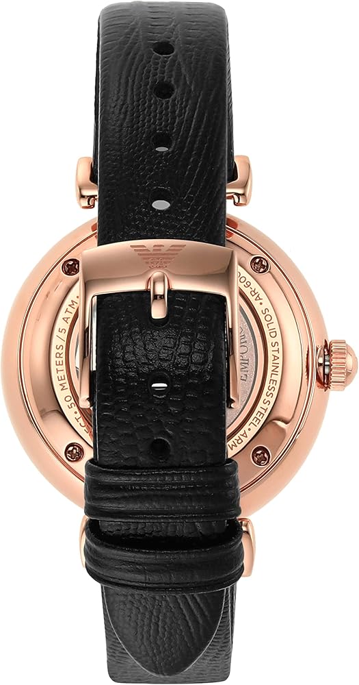 Emporio Armani Meccanico Gianni T Bar Mother of Pearl White Dial Black Leather Strap Watch For Women - AR60047