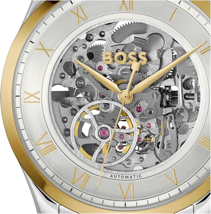 Hugo Boss Principle Skeleton Silver Dial Two Tone Steel Strap Watch for Men - 1514237