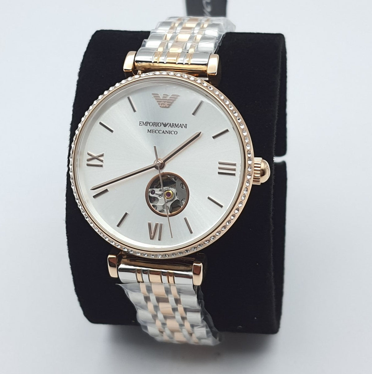 Emporio Armani Meccannico Gianni T-Bar Analog White Dial Two Tone Steel Strap Watch For Women - AR60019