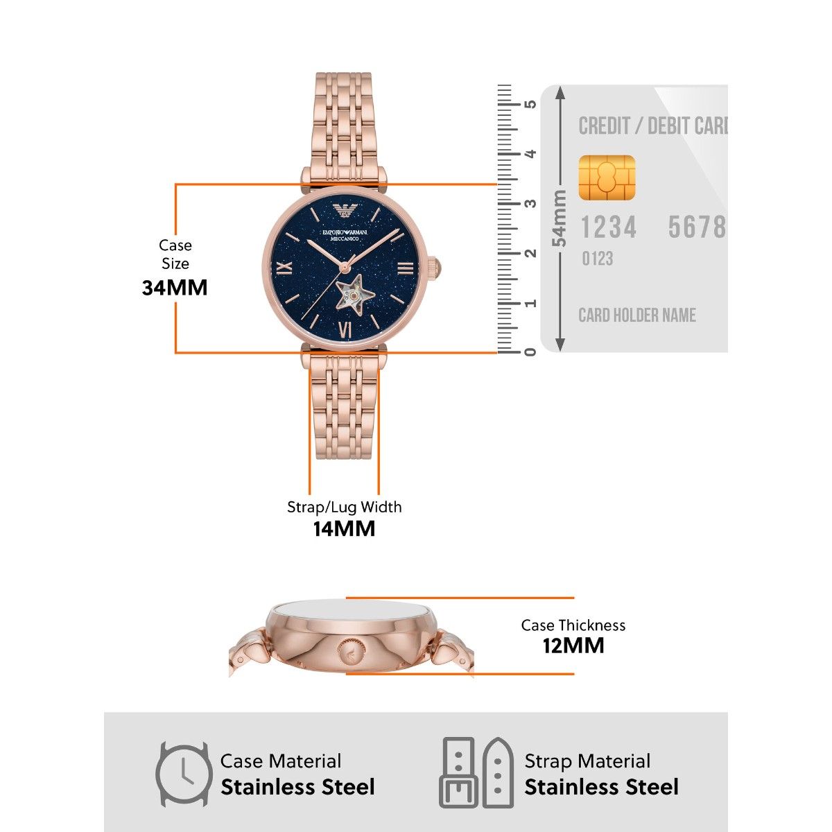 Emporio Armani Meccanico Gianni T Bar Blue Dial Rose Gold Steel Strap Watch For Women - AR60043