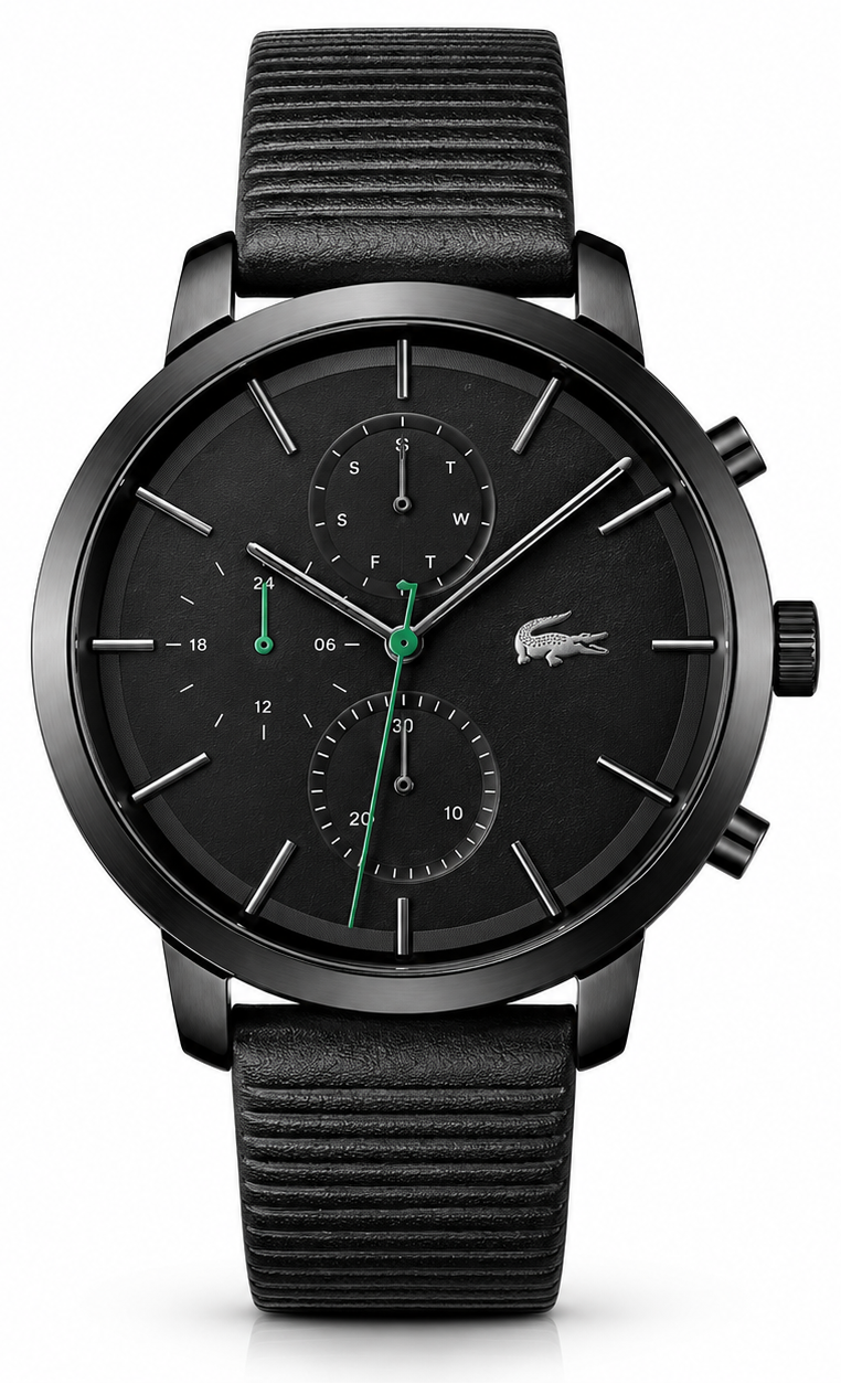 Lacoste Replay Chronograph Black Dial Black Leather Strap Watch for Men - 2011177