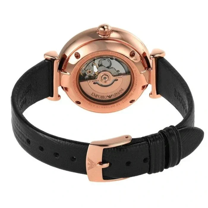 Emporio Armani Meccanico Gianni T Bar Mother of Pearl White Dial Black Leather Strap Watch For Women - AR60047