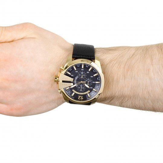 Diesel Mega Chief Chronograph Black Dial Black Leather Strap Watch For Men - DZ4344