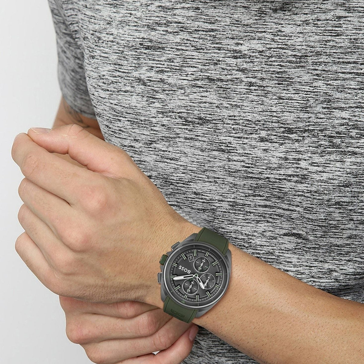 Hugo Boss Volane Chronograph Grey Dial Green Silicone Strap Watch For Men - 1513952