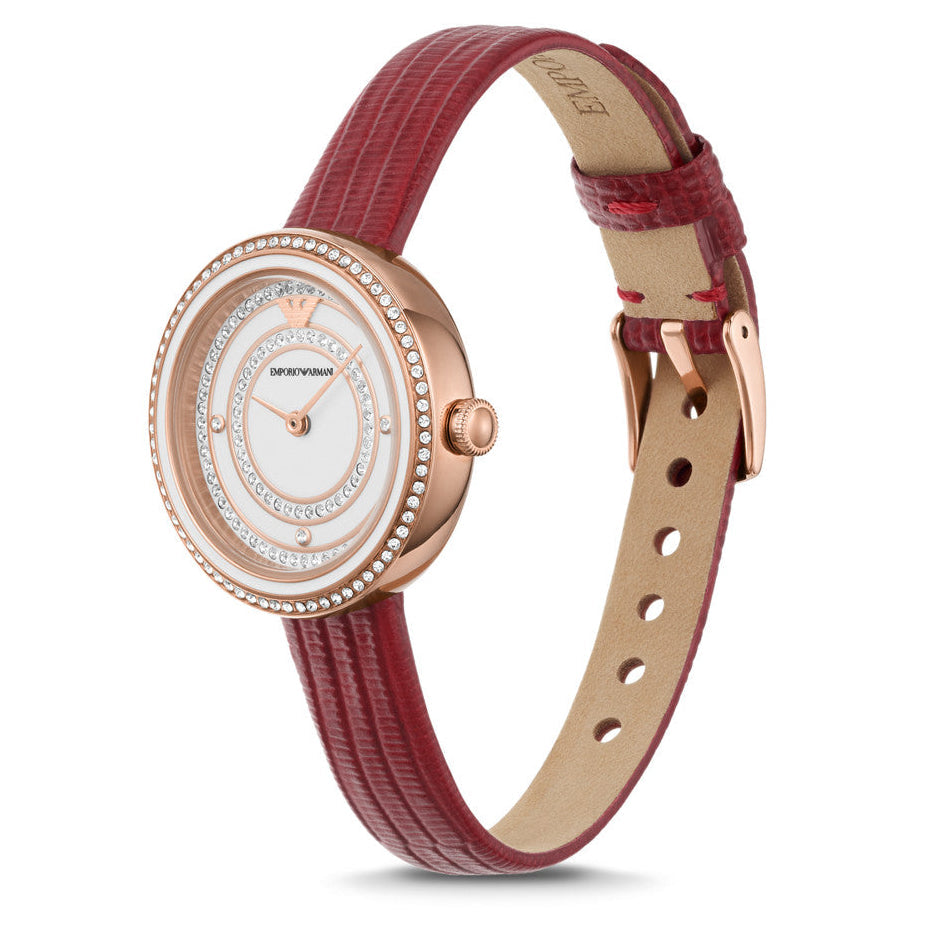 Emporio Armani Two-Hand Analog White Dial Red Leather Strap Watch For Women - AR11532