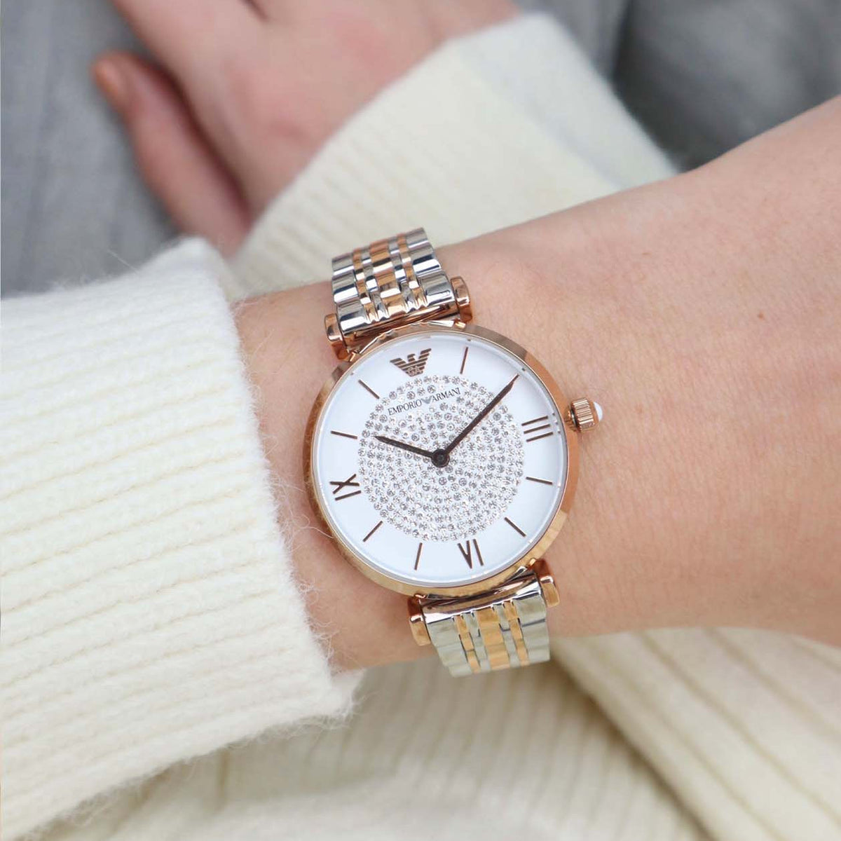 Emporio Armani Gianni T Bar White Dial Two Tone Steel Strap Watch For Women - AR1926