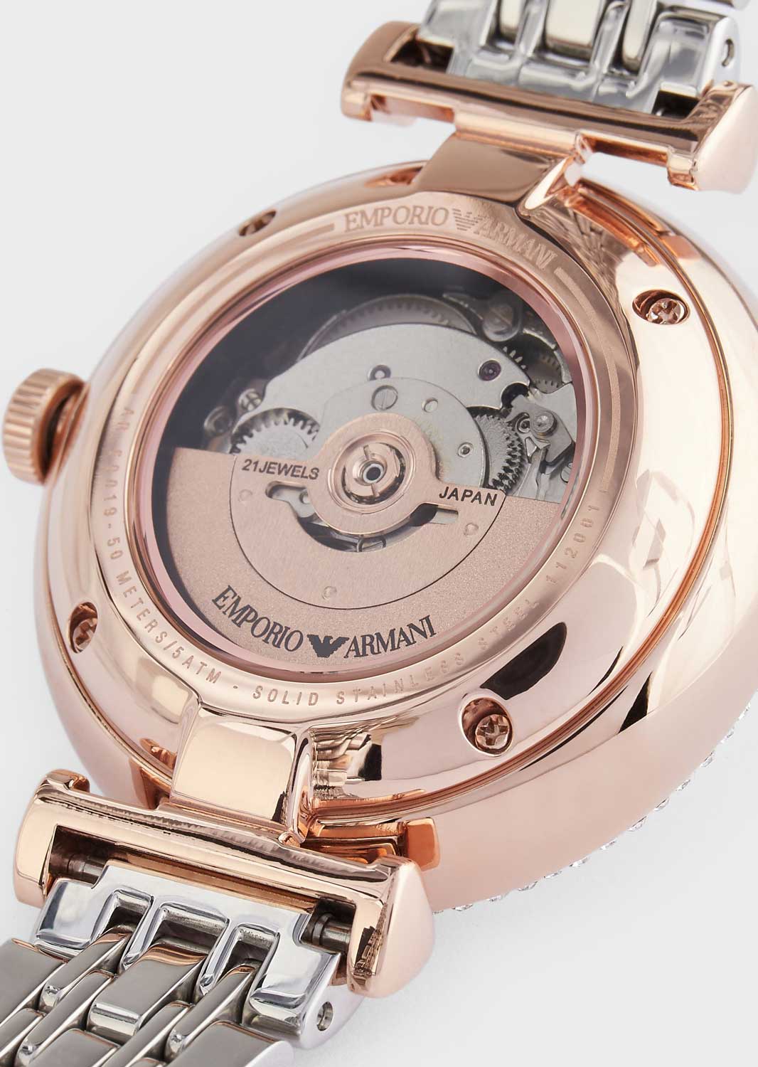 Emporio Armani Meccannico Gianni T-Bar Analog White Dial Two Tone Steel Strap Watch For Women - AR60019