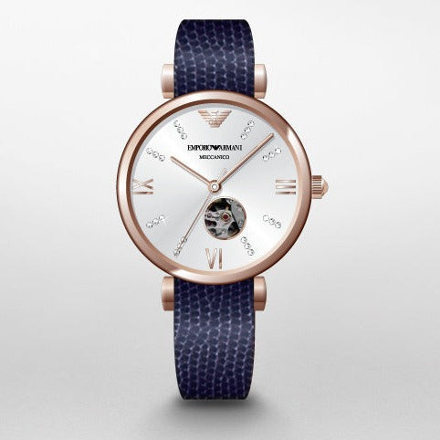 Emporio Armani Meccanico Gianni T-Bar Silver Dial Blue Leather Strap Watch For Women - AR60020
