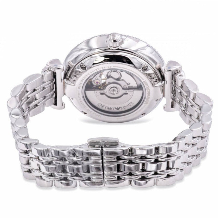 Emporio Armani Meccanico Gianni T-Bar Automatic Silver Dial Silver Steel Strap Watch For Women - AR60022