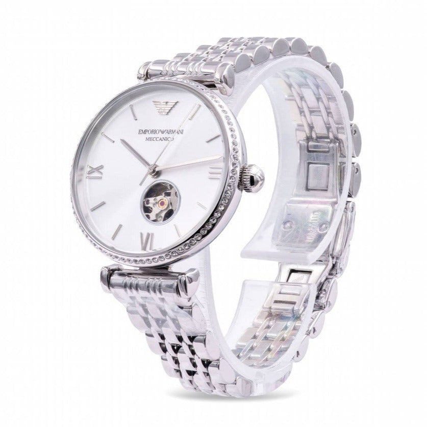 Emporio Armani Meccanico Gianni T-Bar Automatic Silver Dial Silver Steel Strap Watch For Women - AR60022