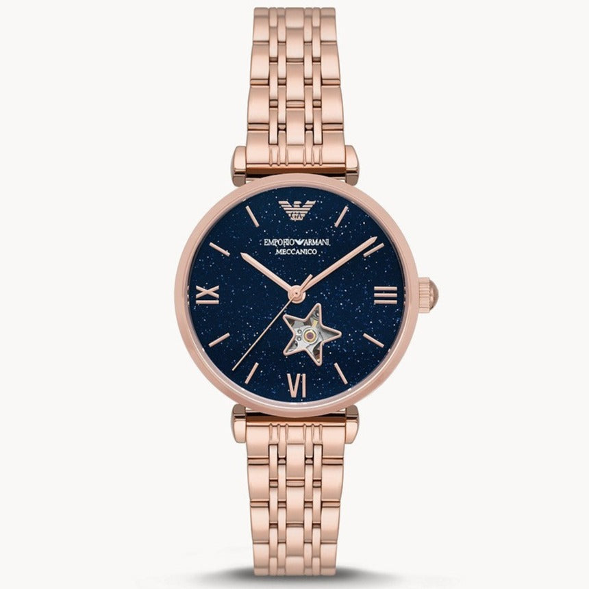 Emporio Armani Meccanico Gianni T Bar Blue Dial Rose Gold Steel Strap Watch For Women - AR60043