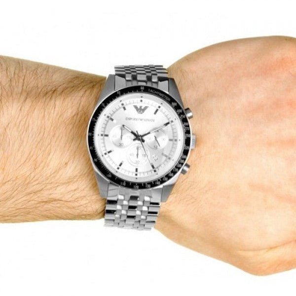 Emporio Armani Sportivo Chronograph Silver Dial Silver Steel Strap Watch For Men - AR6073