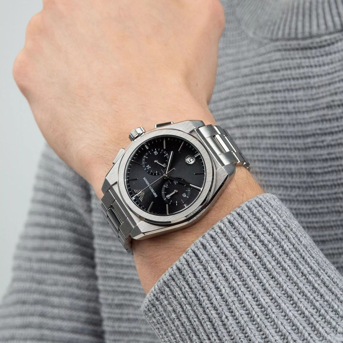 Emporio Armani Federico Chronograph Black Dial Silver Steel Strap Watch For Men - AR11560