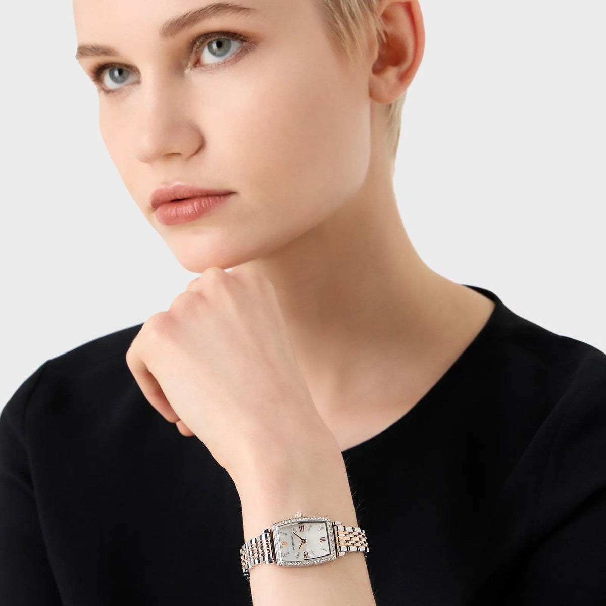 Emporio Armani Gianni T Bar White Mother Of Pearl Dial Two Tone Steel Strap Watch For Women - AR11519