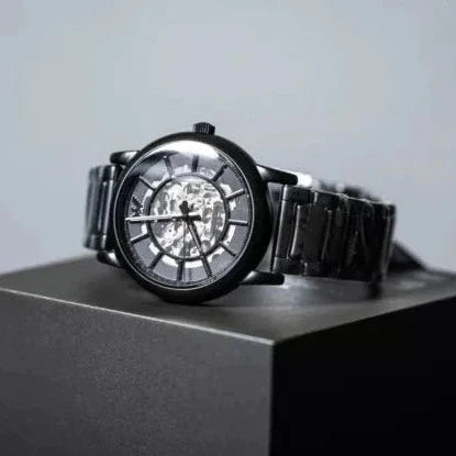 Emporio Armani Meccanico Skeleton Black Dial Black Steel Strap Watch For Men - AR60045