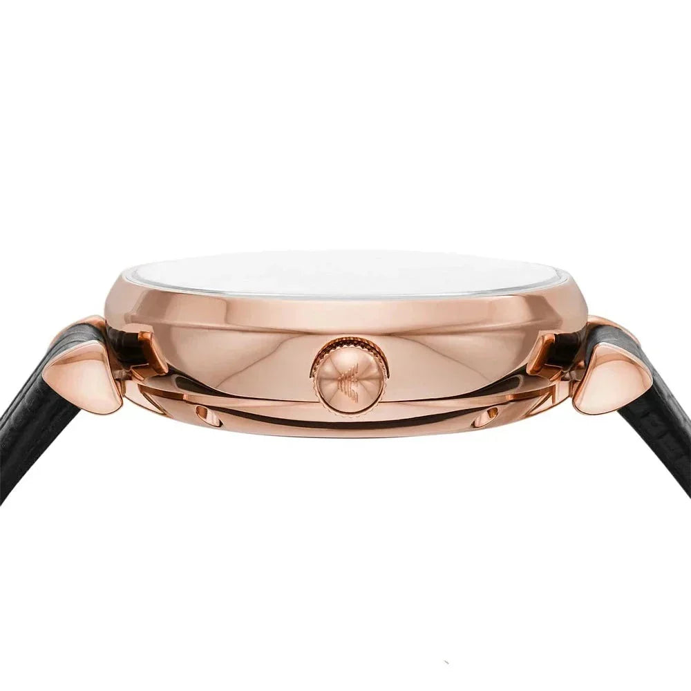 Emporio Armani Meccanico Gianni T Bar Mother of Pearl White Dial Black Leather Strap Watch For Women - AR60047