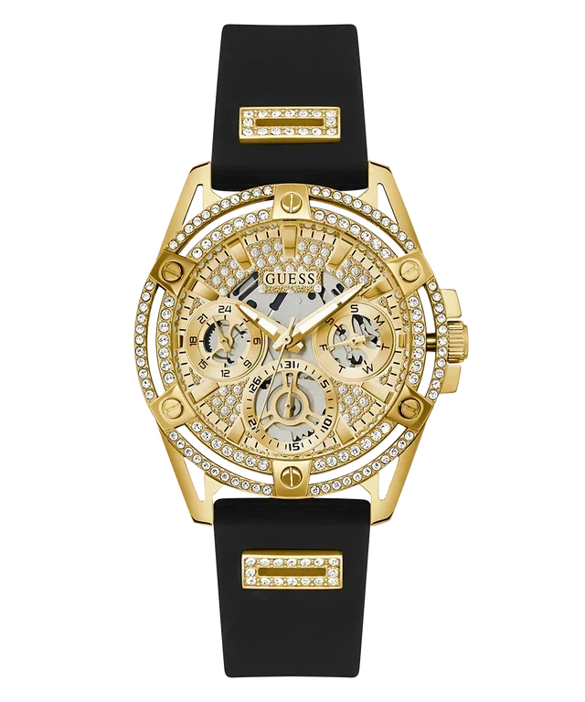 Guess Queen Quartz Gold Dial Black Silicone Strap Watch For Women - GW0536L3
