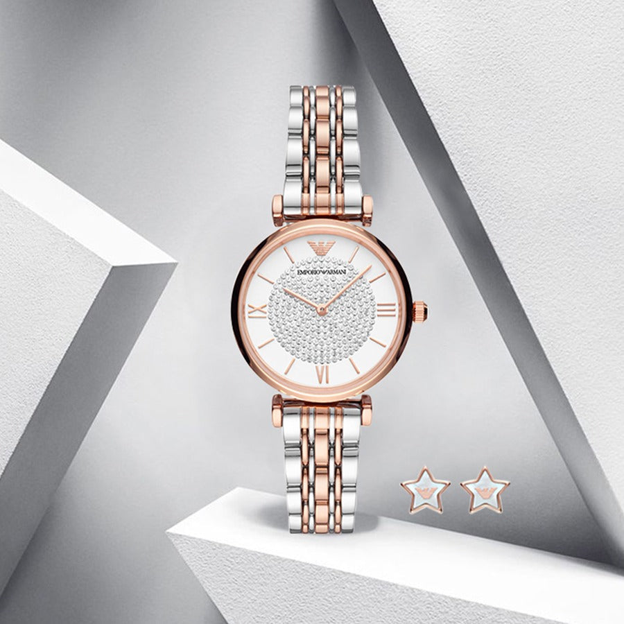 Emporio Armani Gianni T Bar White Dial Two Tone Steel Strap Watch For Women - AR80035