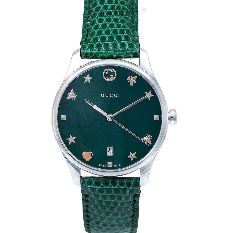 Gucci G-Timeless Green Mother of Pearl Dial Green Leather Strap Watch For Women - YA126585