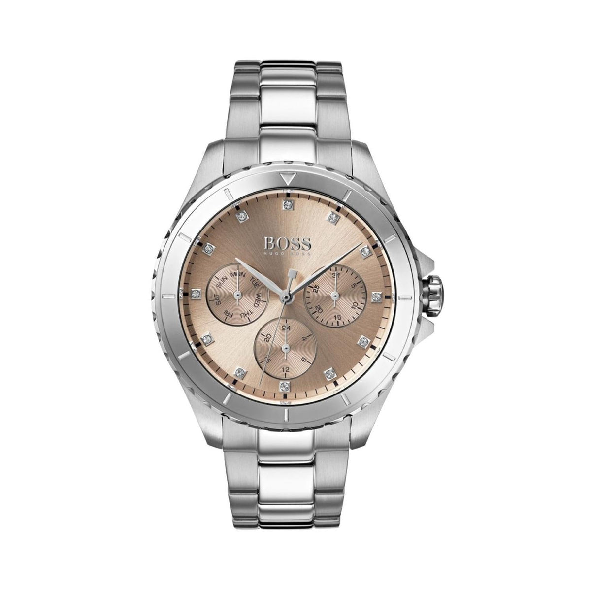 Hugo Boss Premiere Chronorgaph Rose Gold Dial Silver Steel Strap Watch for Women - 1502444