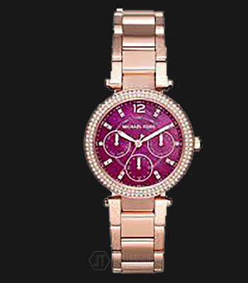 Michael Kors Mini Parker Multi-Function Plum Mother of Pearl Dial Rose Gold Steel Strap Watch For Women - MK6403