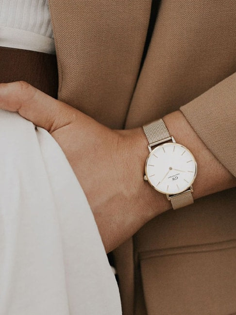 Daniel Wellington Classic Petite White Dial Gold Mesh Bracelet Watch For Women - DW00100348