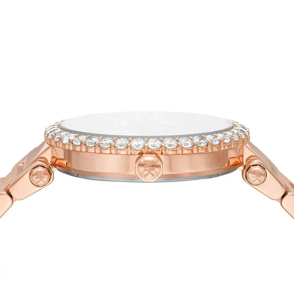 Michael Kors Parker Three-Hand Mother of Pearl White Dial Rose Gold Steel Strap Watch For Women - MK4695