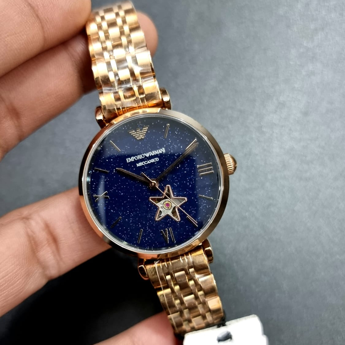Emporio Armani Meccanico Gianni T Bar Blue Dial Rose Gold Steel Strap Watch For Women - AR60043
