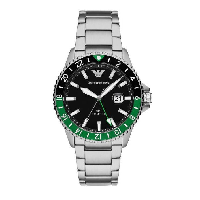 Emporio Armani Sea Explorer GMT Black Dial Silver Steel Strap Watch For Men - AR11589
