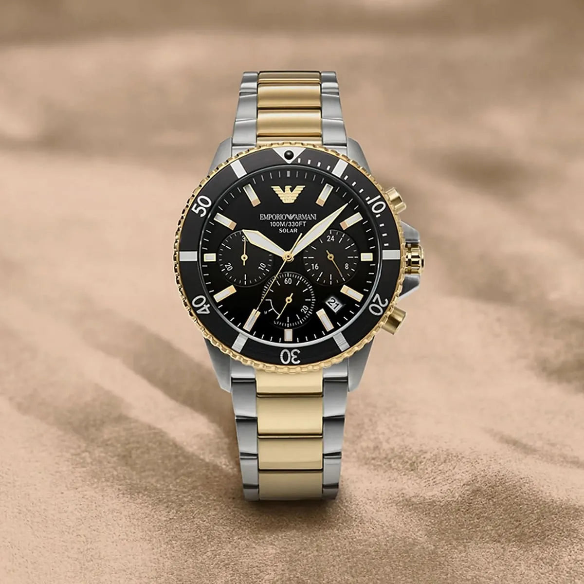 Emporio Armani World Explorer Solar Powered Chronograph Black Dial Two Tone Steel Strap Watch for Men - AR11680