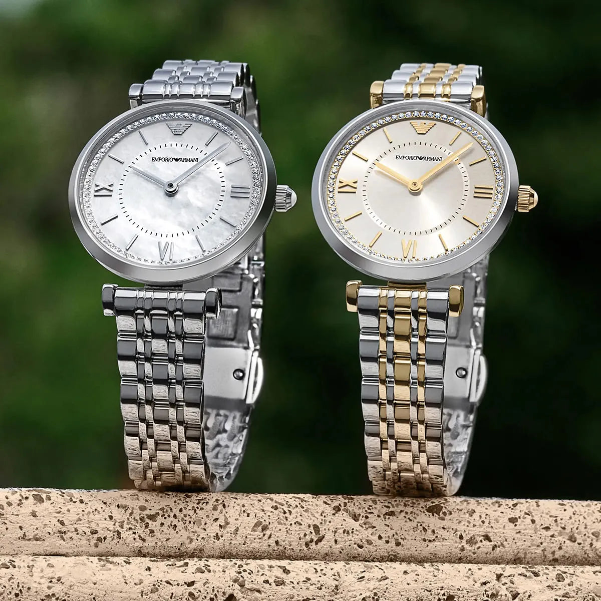 Emporio Armani Gianni T-Bar Beige Dial Two Tone Steel Strap Watch for Women - AR11702
